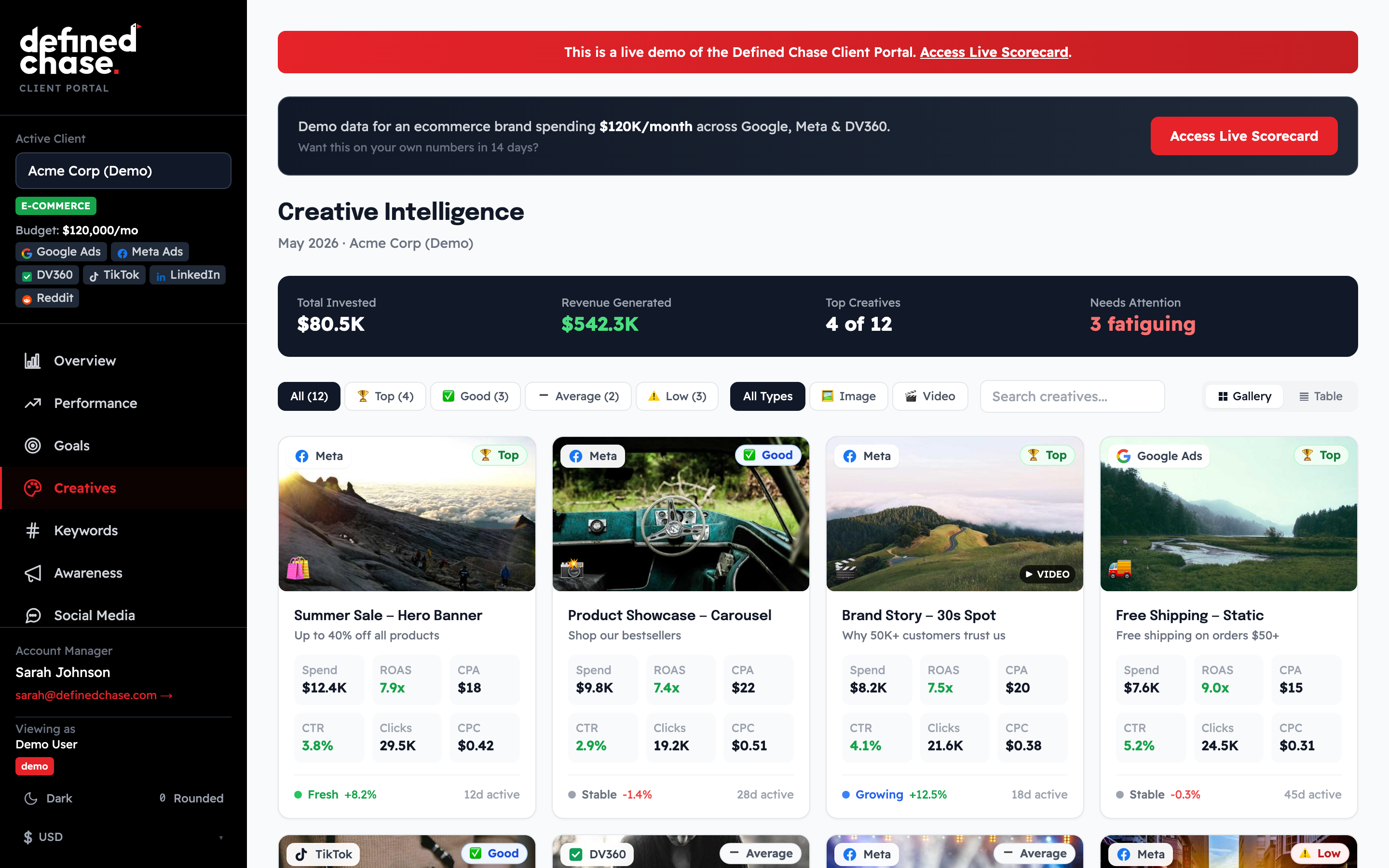 Creative Intelligence gallery with ad thumbnails, fatigue badges and per-creative ROAS and CPA